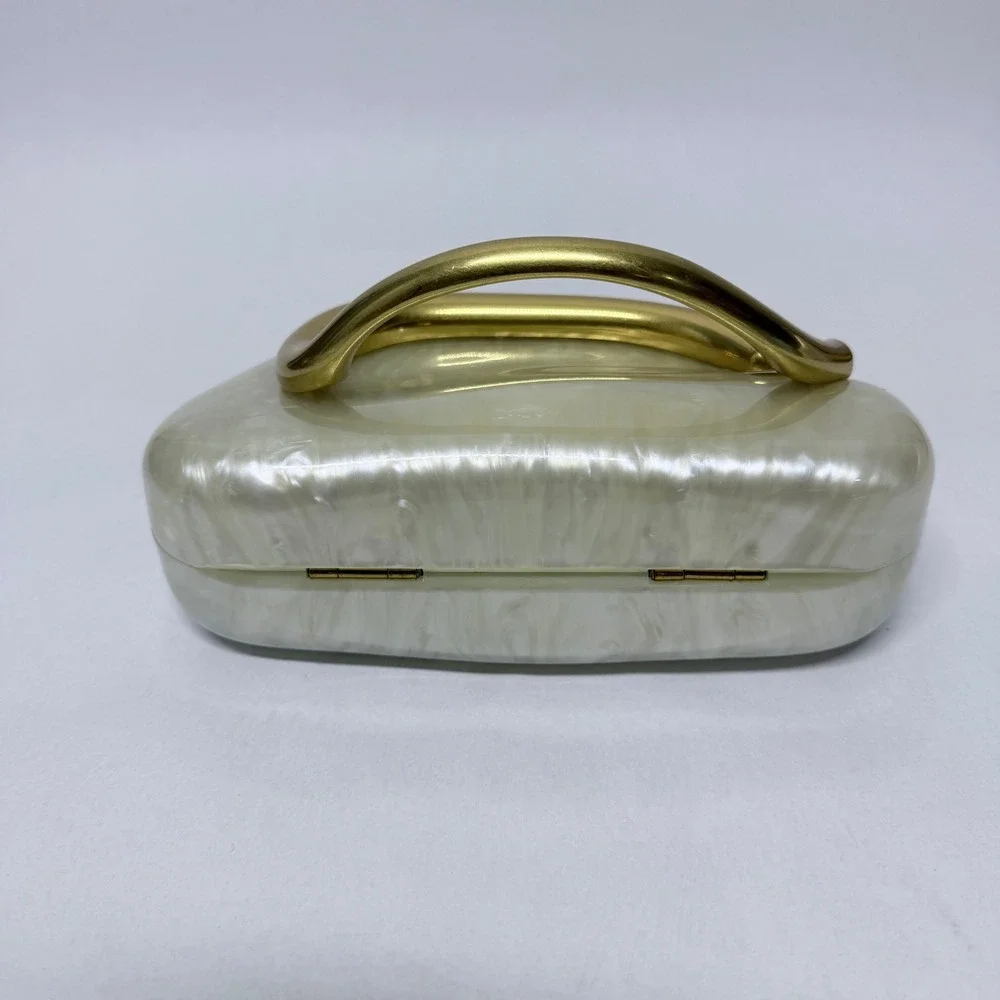 Unbranded Pearl White Marbled Acrylic Clutch Gold Sculptural Handle Minaudiere